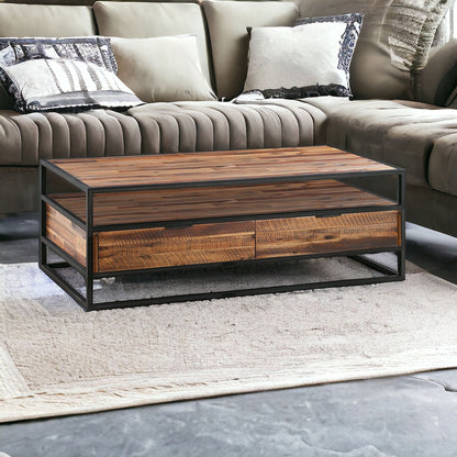 Table basse en bois massif et métal marron et noir de 50 po avec deux tiroirs et une étagère