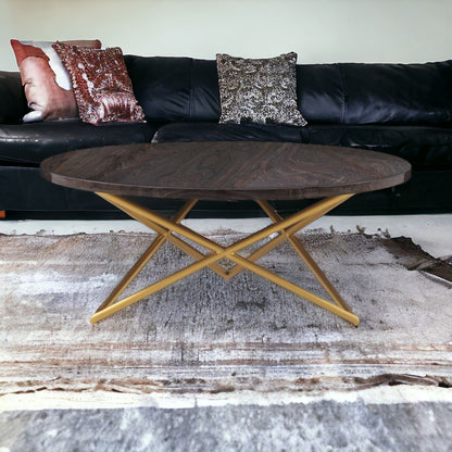 Table basse ronde en marbre véritable et métal brun et doré de 43 po