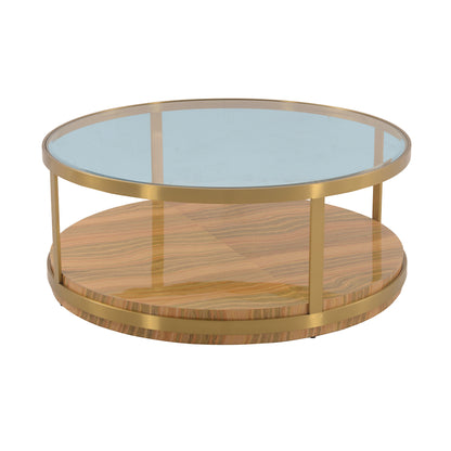 Table basse ronde en bois et métal avec étagère, 43 po, verre doré et brun transparent