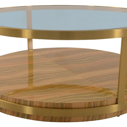 Table basse ronde en bois et métal avec étagère, 43 po, verre doré et brun transparent