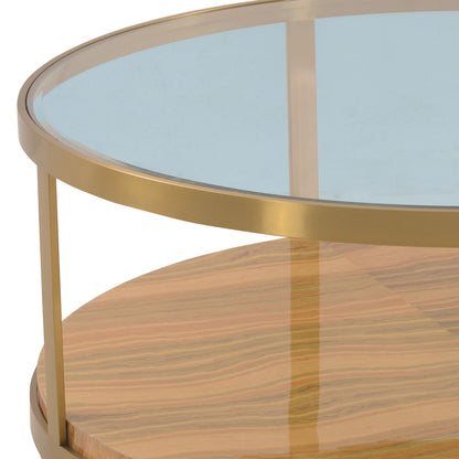 Table basse ronde en bois et métal avec étagère, 43 po, verre doré et brun transparent