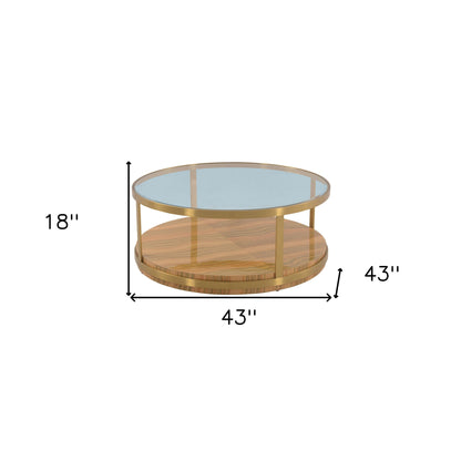 Table basse ronde en bois et métal avec étagère, 43 po, verre doré et brun transparent