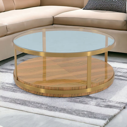 Table basse ronde en bois et métal avec étagère, 43 po, verre doré et brun transparent