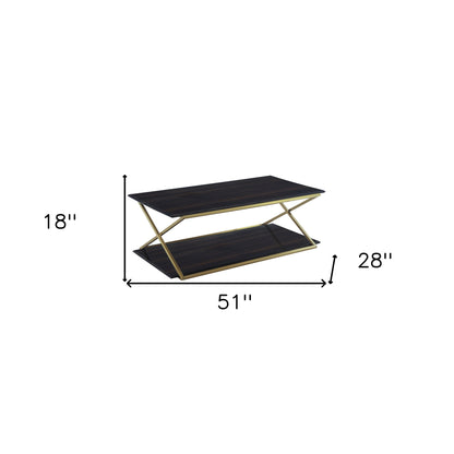 Table basse en métal brun foncé et doré de 51 po avec étagère