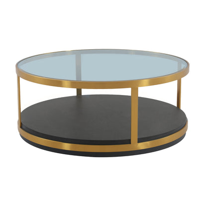 Table basse ronde en bois et métal, verre, noir et or, 43 po, avec étagère