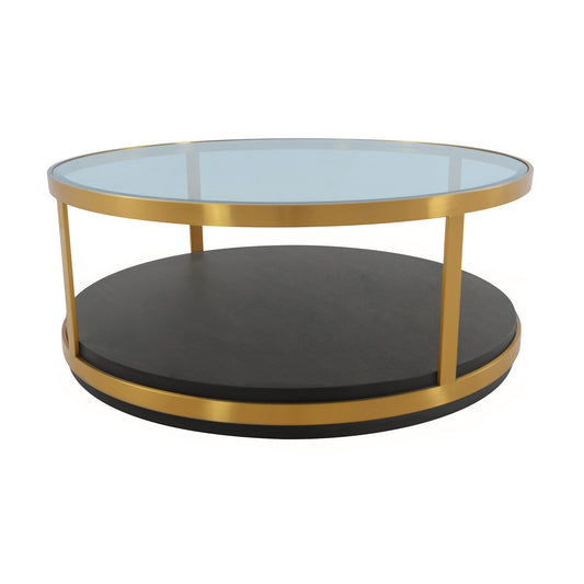 Table basse ronde en bois et métal, verre, noir et or, 43 po, avec étagère