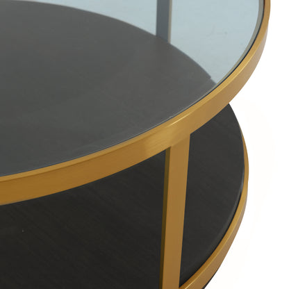 Table basse ronde en bois et métal, verre, noir et or, 43 po, avec étagère