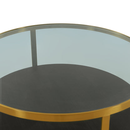 Table basse ronde en bois et métal, verre, noir et or, 43 po, avec étagère