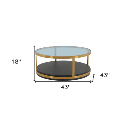 Table basse ronde en bois et métal, verre, noir et or, 43 po, avec étagère