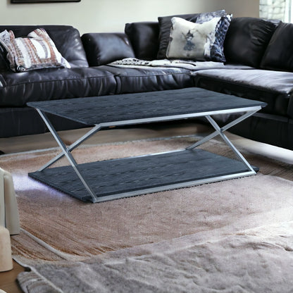 Table basse en acier inoxydable noir et argent de 51 po avec étagère