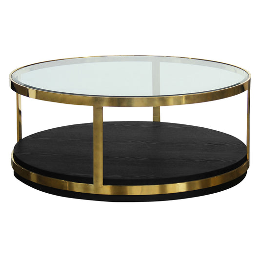 Table basse ronde en verre et métal noir et doré de 44 po avec étagère