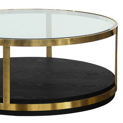 Table basse ronde en verre et métal noir et doré de 44 po avec étagère