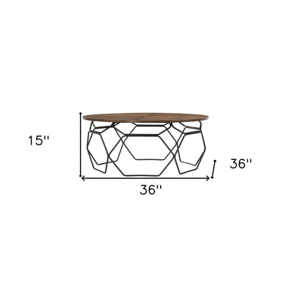 Table basse ronde en bois massif et métal marron et noir de 36 po