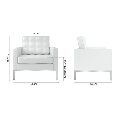 Fauteuil capitonné en cuir italien blanc et argent de 31 po