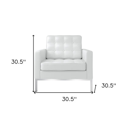 Fauteuil capitonné en cuir italien blanc et argent de 31 po