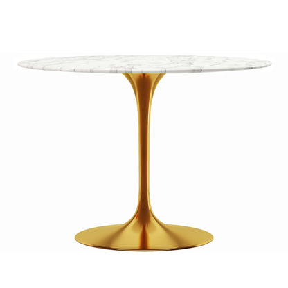 40" White And Gold Rounded Marble And Metal Pedestal Base Dining Table