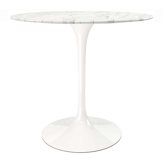 32" White Rounded Marble And Metal Pedestal Base Dining Table