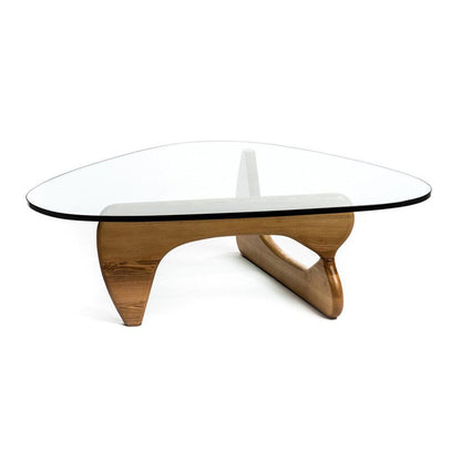 Table basse triangulaire en verre transparent et marron et bois massif de 50 po