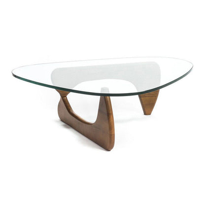 Table basse triangulaire en verre transparent et marron et bois massif de 50 po