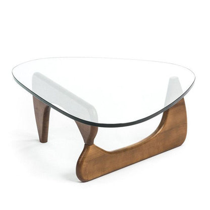 Table basse triangulaire en verre transparent et marron et bois massif de 50 po