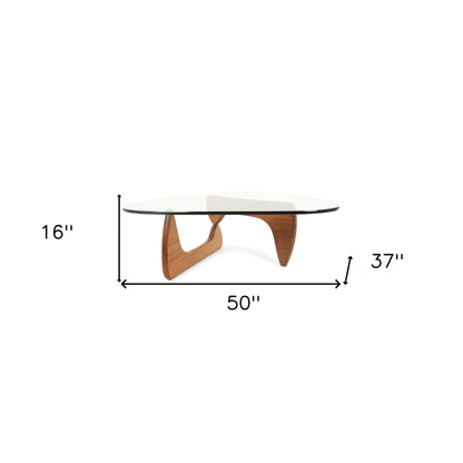 Table basse triangulaire en verre transparent et marron et bois massif de 50 po