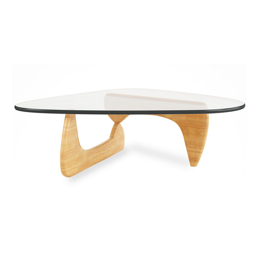 Table basse triangulaire en verre transparent et naturel et bois massif de 50 po