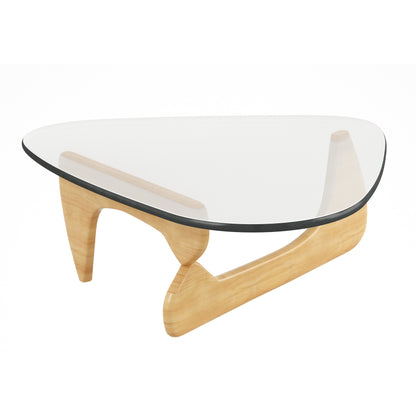 Table basse triangulaire en verre transparent et naturel et bois massif de 50 po