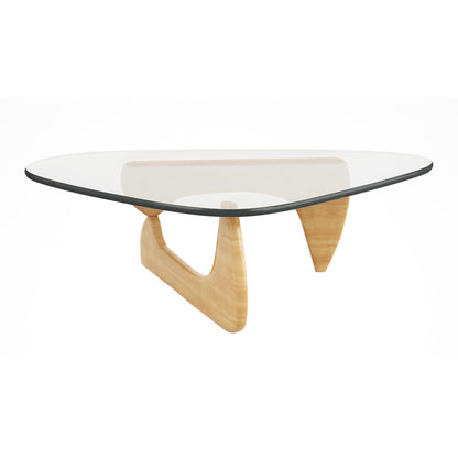 Table basse triangulaire en verre transparent et naturel et bois massif de 50 po