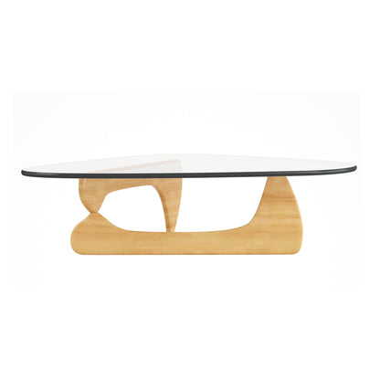 Table basse triangulaire en verre transparent et naturel et bois massif de 50 po