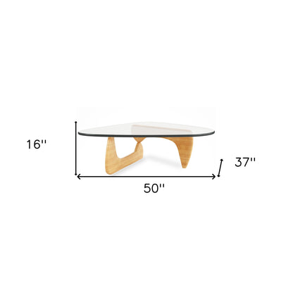 Table basse triangulaire en verre transparent et naturel et bois massif de 50 po