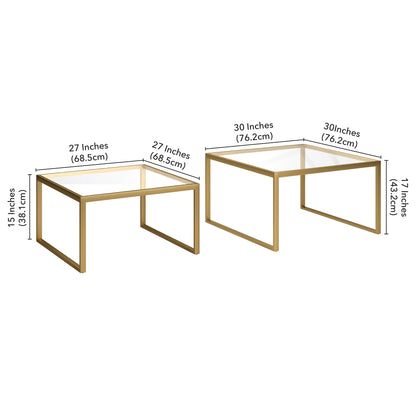 Ensemble de deux tables basses carrées gigognes en verre doré et en acier de 30 po