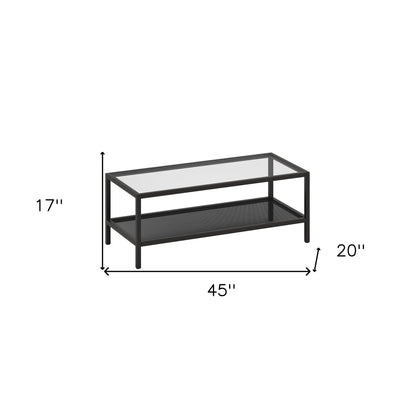 Table basse en verre et acier transparent et noir de 45 po avec étagère