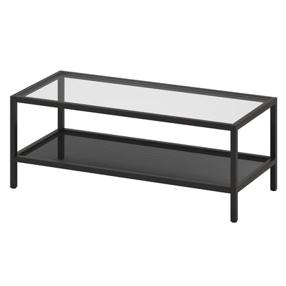 Table basse en verre et acier transparent et noir de 45 po avec étagère