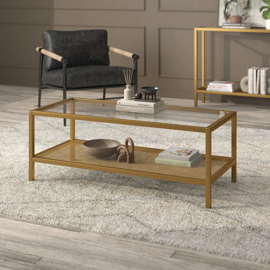 Table basse en verre doré et acier de 45 po avec étagère