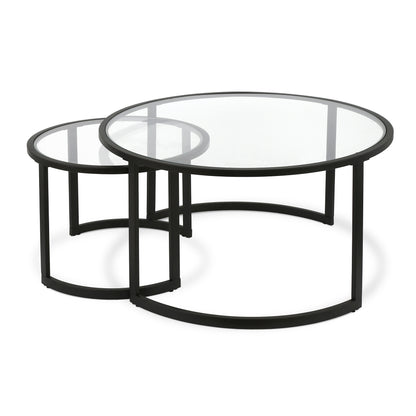 Ensemble de deux tables basses rondes gigognes en verre noir et en acier de 36 po