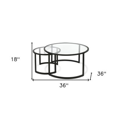 Ensemble de deux tables basses rondes gigognes en verre noir et en acier de 36 po