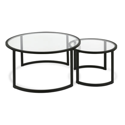 Ensemble de deux tables basses rondes gigognes en verre noir et en acier de 36 po