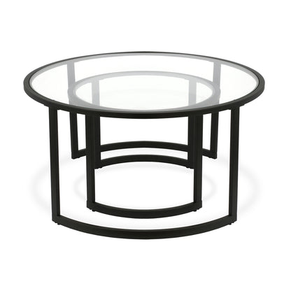 Ensemble de deux tables basses rondes gigognes en verre noir et en acier de 36 po