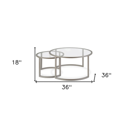 Ensemble de deux tables basses rondes gigognes en verre et acier nickelé de 36 po