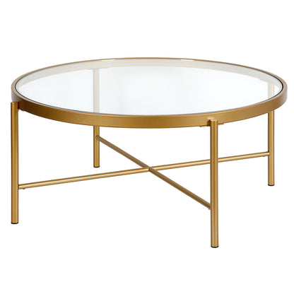 Table basse ronde en verre doré et acier de 36 po