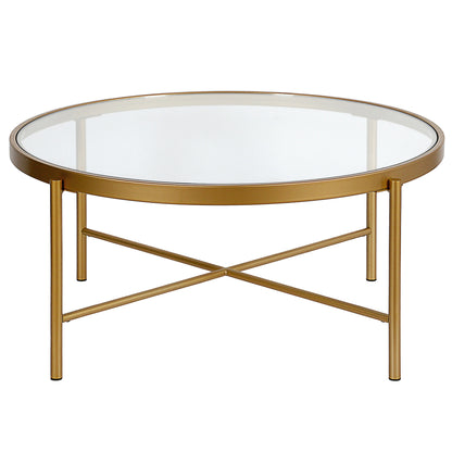 Table basse ronde en verre doré et acier de 36 po