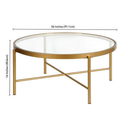 Table basse ronde en verre doré et acier de 36 po