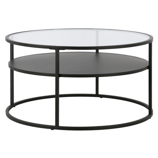 Table basse ronde en verre noir et acier de 32 po avec étagère