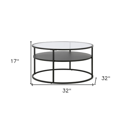 Table basse ronde en verre noir et acier de 32 po avec étagère