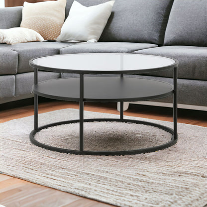 Table basse ronde en verre noir et acier de 32 po avec étagère