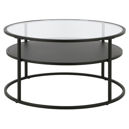 Table basse ronde en verre noir et acier de 32 po avec étagère