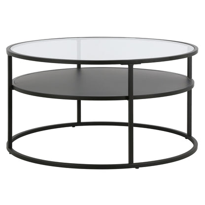 Table basse ronde en verre noir et acier de 32 po avec étagère