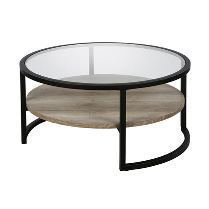 Table basse ronde en verre noir et acier de 34 po avec étagère