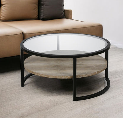 Table basse ronde en verre noir et acier de 34 po avec étagère