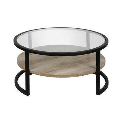 Table basse ronde en verre noir et acier de 34 po avec étagère